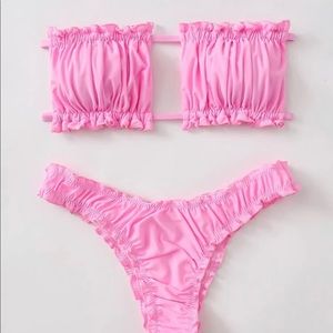 New Shein Ruched Lettuce Trim Bandeau Bikini Pink